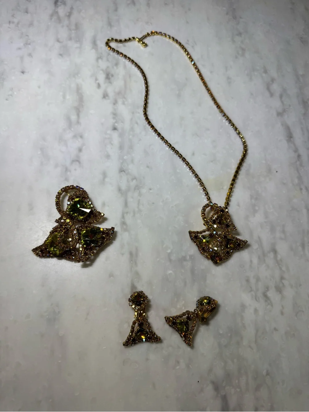 Vintage Antique-Vibe Gold Toned Bold Green Brooch, Earring, and Necklace Set
